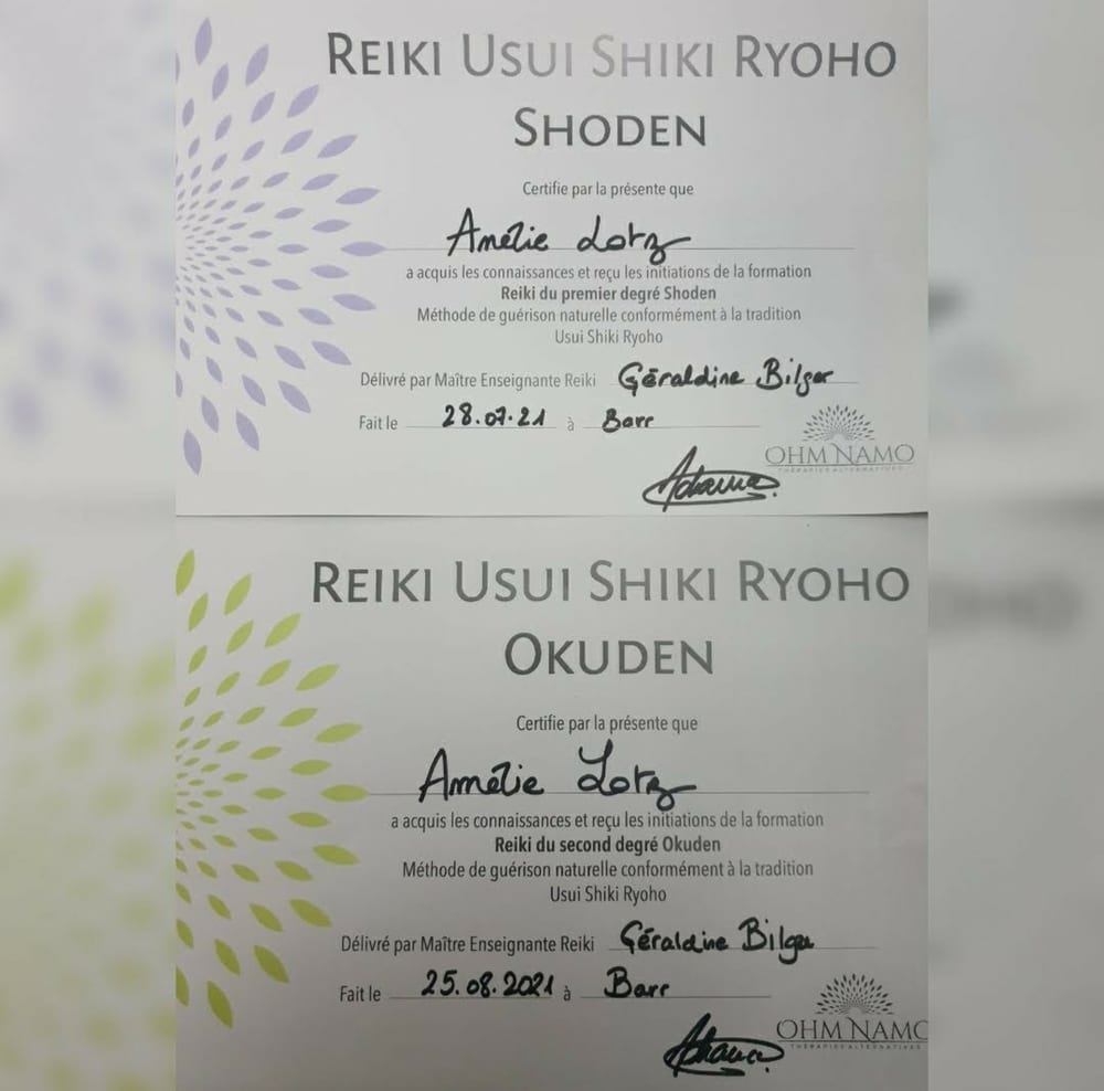 Diplômes Reiki Usui Shiki Ryoho d'Amélie